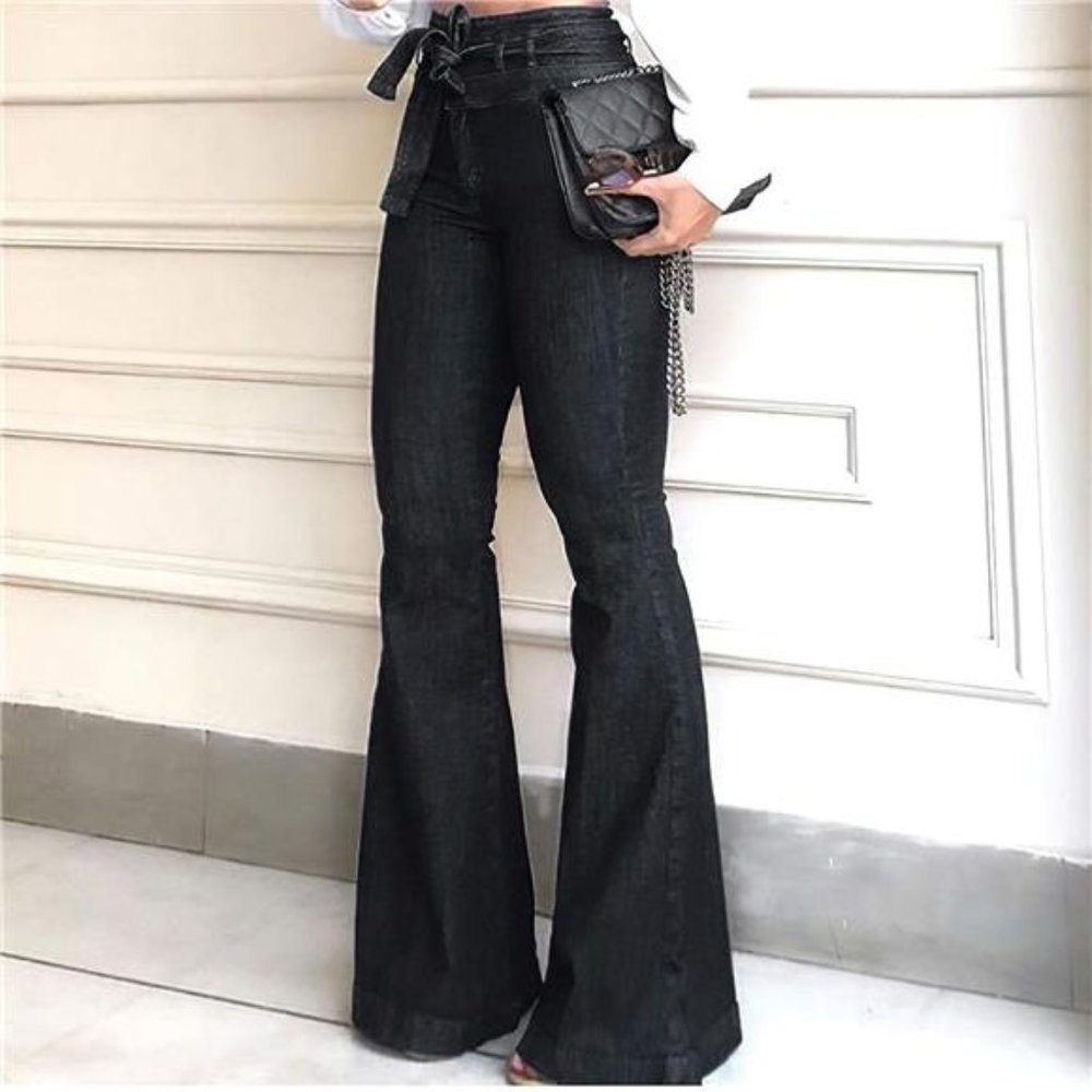 Black High Waist Bell Bottom Flare Jeans Wide Leg Belted Bow Denim Pants
